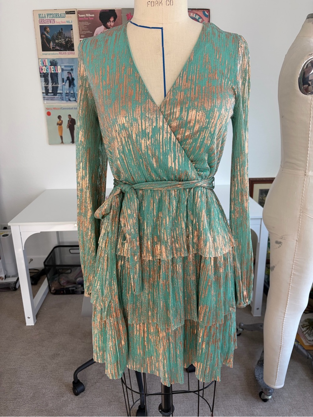 Shimmery Tiered Mini Dress Mint/Gold